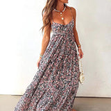 MQTIME  -  Elegant Off Shoulder Hollow Suspenders Dress Women Fashion Floral Print Big Swing Party Dress Sexy Sleeveless Pleated Long Dress