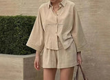 MQTIME  -  Women's Clothing 2025 New Product Comfortable and Simple Pocket Lapel Seven Quarter Sleeve Shirt Shorts Set