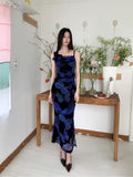 MQTIME  -  Retro Floral Dress For Women'S Summer, New High-End Purple Elegant Slim Fit Patchwork Suspender Long Skirt