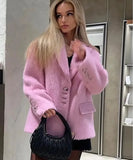 Mqtime Pink Lambwool Lapel Women Elegant Soft Coat Full Sleeve Single Button Oversize Loose Overcoat Autumn Winter Chic Streetwear