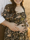 MQTIME  -  Boho Floral Maternity Dress Photography Backless Half Sleeve Ruffle Maxi Gown for Pregnant Women Gender Reveal Party Outfit