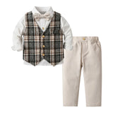 MQTIME  -  Autumn Children's Boys Long-sleeved Shirt Long Pants British Checked Vest Three-piece Set Toddler Baby Performance Clothing Suit