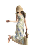 MQTIME  -  French Traditional U Neck Temperament Slim Printed Fairy Vacation Beach Style Long Dress