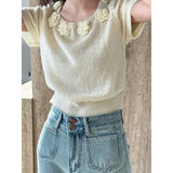 MQTIME  -  Cute 3d Hook Flower Short Sleeve Sweater Round Neck Knitwear for Women's 2024 Spring/summer