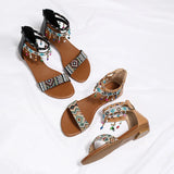 MQTIME  -  Ethnic Style Roman Sandals New Handmade Beaded Zipper Flat Sandals Colorful Beach Open Toe Fancy Beach Shoes