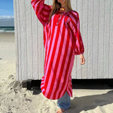 MQTIME  -  Ladies Elegant Party Dress Fashion Striped Printed Long Sleeved Loose Dress Vestidos Autumn Sexy V-neck Holiday Women's Dress