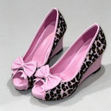 MQTIME  -  Women Pink Leopard Print Peep Toe Wedge High Heel Pumps Bow Decor Sweet Gal Y2K Shibuya Harajuku Kawaii Party Dress Shoes