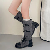 MQTIME  -  Vintage Multi‑Buckle Straps Combat Boots Women Shoes Military Knee‑High Boots Washed Canvas Motorcycle Boots