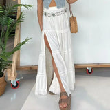 MQTIME  -  Fashion Split Pleated Loose Long Skirts Sexy Lace Splicing Design Half-body Skirt Women Elegant Elastic Waist Solid Swing Skirt