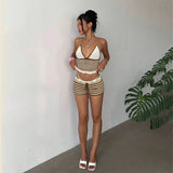 MQTIME  -  Color Patchwork Knitted Vacation Beach 2 Piece Set Women Sexy V-neck Lace Halter Backless Ruffles Camis Crop Tops + Shorts Suit