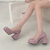 Mqtime High Heeled Women's New British Style Single Shoe Women's Thick Heeled Square Toe Shallow Cut Mary Jane Shoes