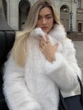 Mqtime Female Cropped White Faux Fur Jacket Winter Fluffy Long Sleeve Lapel Collar Loose Warm Overcoats Lady Elegant High Street Coat