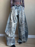  MQTIME  -  American Retro Washed Denim Jeans with Distressed and Printed Design, Loose and Wide-leg Streetwear Pants for Women