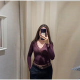  MQTIME  -  Slim Lace Patchwork Women's Top Sexy V-neck Long Sleeve Solid Female Pullovers Autumn Winter New Lady All-match T-shirts