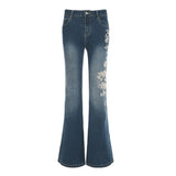 MQTIME  -  Chic Rose Embroidered Gradient Slightly Flared jeans for Women Slim Low Rise Dragging Denim Pants Casual Elegant Fashion Trouser