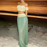 MQTIME  -  Simple Solid Bikini Cover Up Outfit Summer Beach Exposed Navel Women's Two Piece Sexy Strapless Top with Long Skirt Holiday Suit