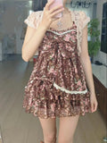 MQTIME  -  Summer Women's Casual Dresses Bow Lace Floral High Waist Fake Two-piece Dresses New Chic Vintage Daily Party Female Clothes