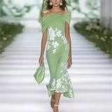  MQTIME  -  Elegant Summer Commuting Long Dress Flower Print Off Shoulder Women's A-line Dress New Fashion Hollow High Waist Wrap Hip Dress