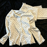 MQTIME  -   Pajama Set Autumn Korean Style Heart Bow Print Long Sleeve Cute Loungewear Ruffle Trim Button Up Home Sleepwear Korean Style