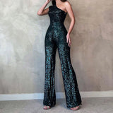 MQTIME  -  Fashion Sequin Diagonal Collar Party Jumpsuit New 2025 Glitter High Waist Long Jumpsuit Lady Temperament Wide Leg Pant Playsuit