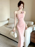 MQTIME  -  Korean Elegant Party Sleeveless Midi Dresses for Women Summer New Bodycon Backless Split Evening Birthday Female Clothing