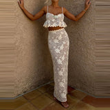 MQTIME  -  Lace embroidery fresh and sweet perspective vacation style set summer casual camisole top and long skirt two-piece set