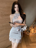 MQTIME  -  Ladies design sense lace off shoulder dress 2025 New French sexy style high waist slim irregular neck vest Dress