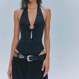 MQTIME  -  Women's Sexy Night Out Backless Coquette Short Playsuit Shiny Rhinestone Tied Halter V-neck Bodycon Bodysuit Clubwear