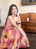MQTIME  -  Women Summer Orange Tie Dyed Loose Lace-up Pleated Long Dress Ladies Boho Sexy Holiday Casual Backless Sundress Fashion Clothing