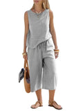 MQTIME  -  Sleeveless Printed Striped T-shirt Women 7 Point Pants Suit Fashion Pocket Top Elastic Waist Tie Loose Wide Leg Pants 2piece Set