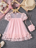 MQTIME  -  Girls Summer Mesh Splicing Three-dimensional Flower Fashion Princess Dress with Crossbody Bag Dress