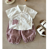  MQTIME  -  Boys' Suit Spring and Summer New Children's Wear Korean Boy Baby Cute Cartoon Plingham Cloth Shirt Shorts Two-piece Set