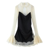MQTIME  -  French Elegant Sexy Women Lace Patchwork Mini Dress Contrast Slim Long Sleeve Dresses Fashion High Street Lady Chic Dress