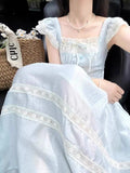 MQTIME  -  Summer Sweet Fly Sleeve Blue Bownot Fairy Dress Slim French Style Patchwork Lace Dress A-line Women Casual Dress