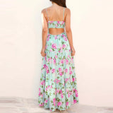 MQTIME  -  Temperament High Waist Banquet Dress Fashion Flower Print Sleeveless Suspender Dress Elegant Hollow Out Slim Evening Party Dress
