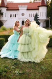 Mqtime Custom Made Layered Tulle Wedding Party Dresses Strapless Fluffy Tiered Tulle Prom Formal Dress Long Birthday Dress Event Gowns