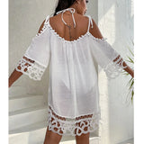 MQTIME  -  Solid Color Beach Cover Ups Lace-up Bandage White Beach Dress Splice Lace Transparent Sexy Swimwears Bathing Suit Beachwear