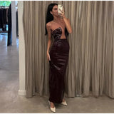 MQTIME  -  Hollow Out Cut Out Evening Leather Dress Sleeveless Backless Zipper Floor-length Bodycon Robe Back Split Zipper Party Dresses