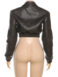  MQTIME  -  Trend Faux Leather Crop Jacket Woman Autumn Chic Zip Lapel Full Sleeve Pocket Decoration Daily High Street Style Coats