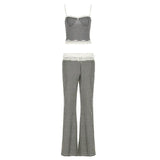 MQTIME  -  New Plaid Lace Flare Pants Sets Patchwork Elegant Women Casual Two Piece Suit Streetwear Sweet Tank Top Autumn Slim Fit Set