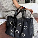 MQTIME  -  Harajuku-style Y2k Cool Large-capacity Punk Dark PU Tote Bags Metallic Ring Holes Storage Bag Handbag Women's Bags Shoulder Bag