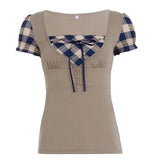 MQTIME  -  American Preppy Argyle Contrast Color Patchwork Square Collar Short Sleeve Top Female
