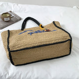  MQTIME  -  Women Large Capacity Hand Woven Straw Tote Bag Top Handles Simple Letter Embroidery Summer Beach Travel Shopping Handbag