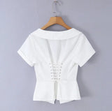 MQTIME  -  White Lapel Women's Short Top Women Single-breasted Buttons Front Placket Back Tie Up Shirt Summer Commute Simple Outfit