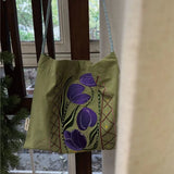 MQTIME  -  Original Floral Illustration Heavy Embroidery Tulip Canvas Single Shoulder Crossbody Bag