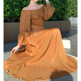 MQTIME  -  French Style Glossy Lantern Sleeves Kinked Butterfly One-word Shoulder Dress Pendant Long Dress