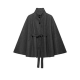 MQTIME  -  Solid Stand Collar Cape Coats Women Casual Batwing Sleeves Button Front Belted Waist Loose Poncho Outerwear Lady Daily Wear New