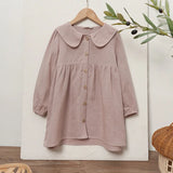 MQTIME  -  Retro Linen Doll Collar Girls Dress New Spring And Summer Chic Wooden Buttons Long-Sleeved  A-Line Dress Linen Kids Clothes
