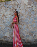 MQTIME  -  ﻿ Trendy Women's Halter Neck Striped Maxi Dress Chic Backless Sleeveless Fitted Long Dresses Summer Beach Vacation Party Gown
