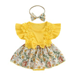 MQTIME  -  New Girl's Pit Strip Lace Splicing Flower Full Printed Flying Sleeve Jumpsuit Princess Style Cartoon Cute Climbing Dress